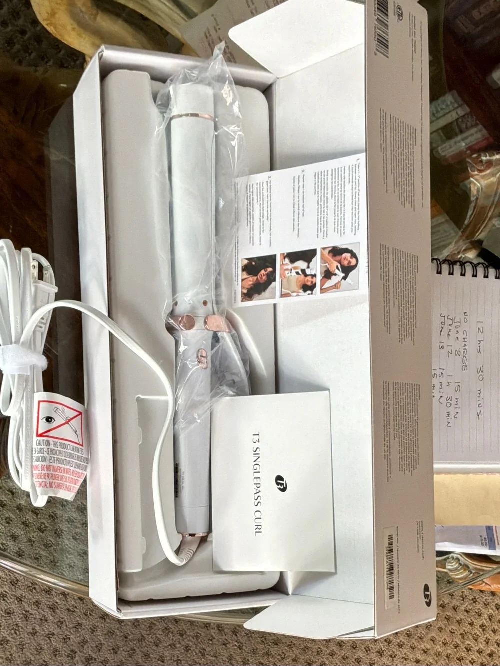 T3 SinglePass Curling Iron in White with Rose Gold Accents